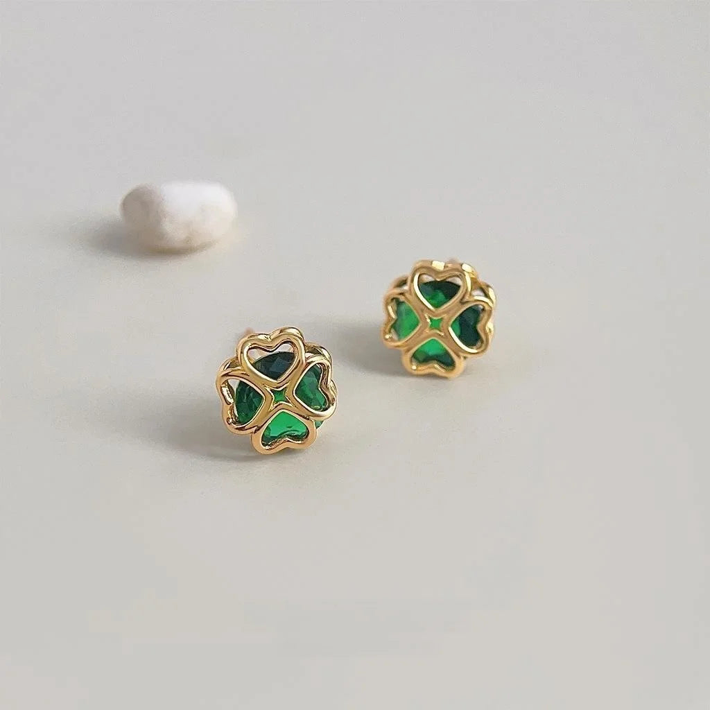 18K Gold Plated Copper Flower Stud Earrings Green Zircon Flower Leaf Design