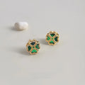 18K Gold Plated Copper Flower Stud Earrings Green Zircon Flower Leaf Design