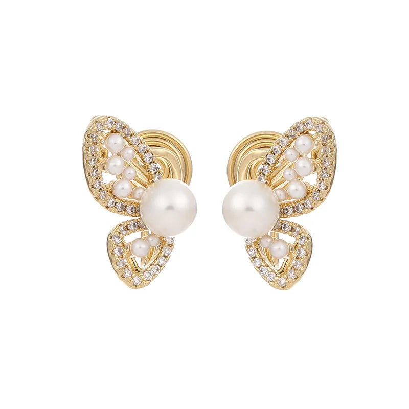 Elegant Pearl Butterfly Rhinestone Gold Alloy Stud & Clip On No Piercing Vintage Women's Earrings