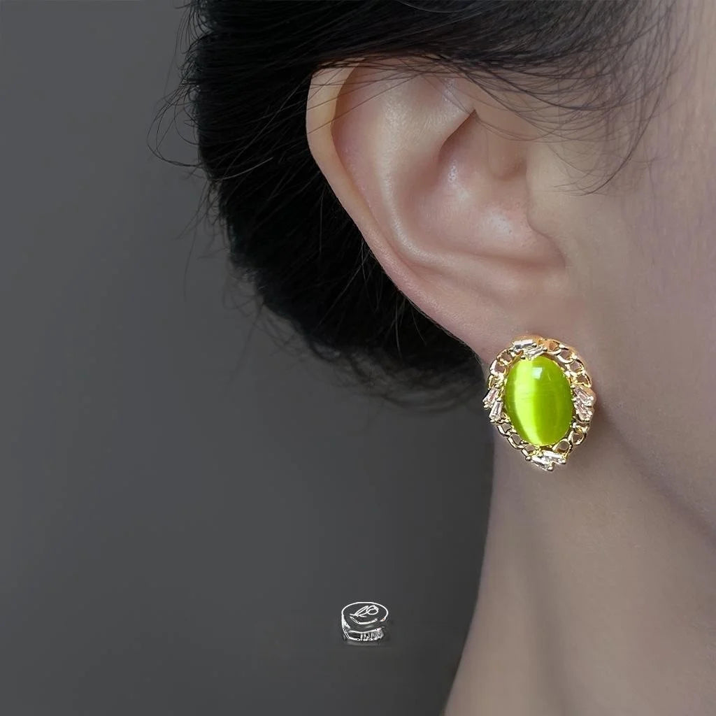 Vintage 14K Plated Copper Olive Green Cat Eye Oval Zircon Stud Earrings
