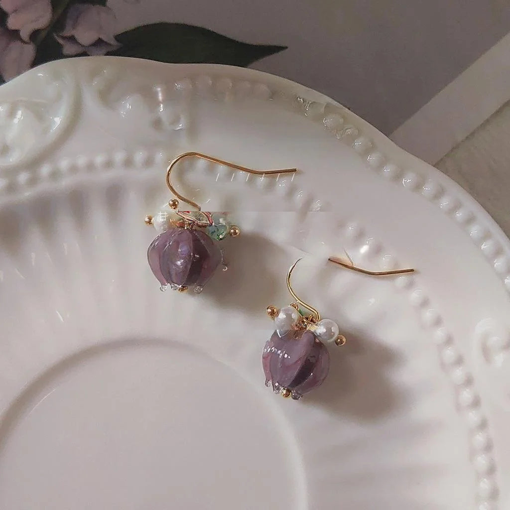 Handmade Lotus Glass Drop Earrings Copper Water Lily Floral Niche Design Jewelry