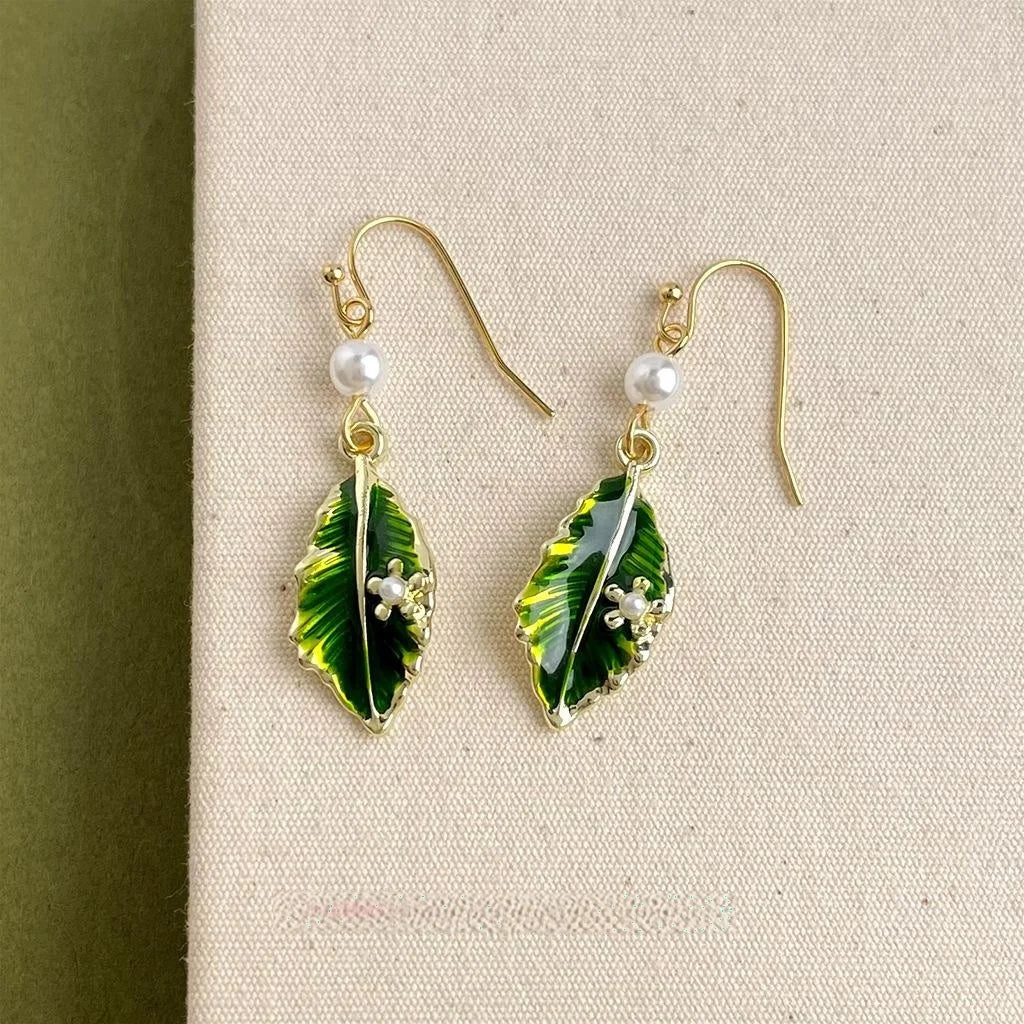 Fresh Sweet Enamel Glazed Leaf Drop Earrings Handmade Copper Posts Forest Style