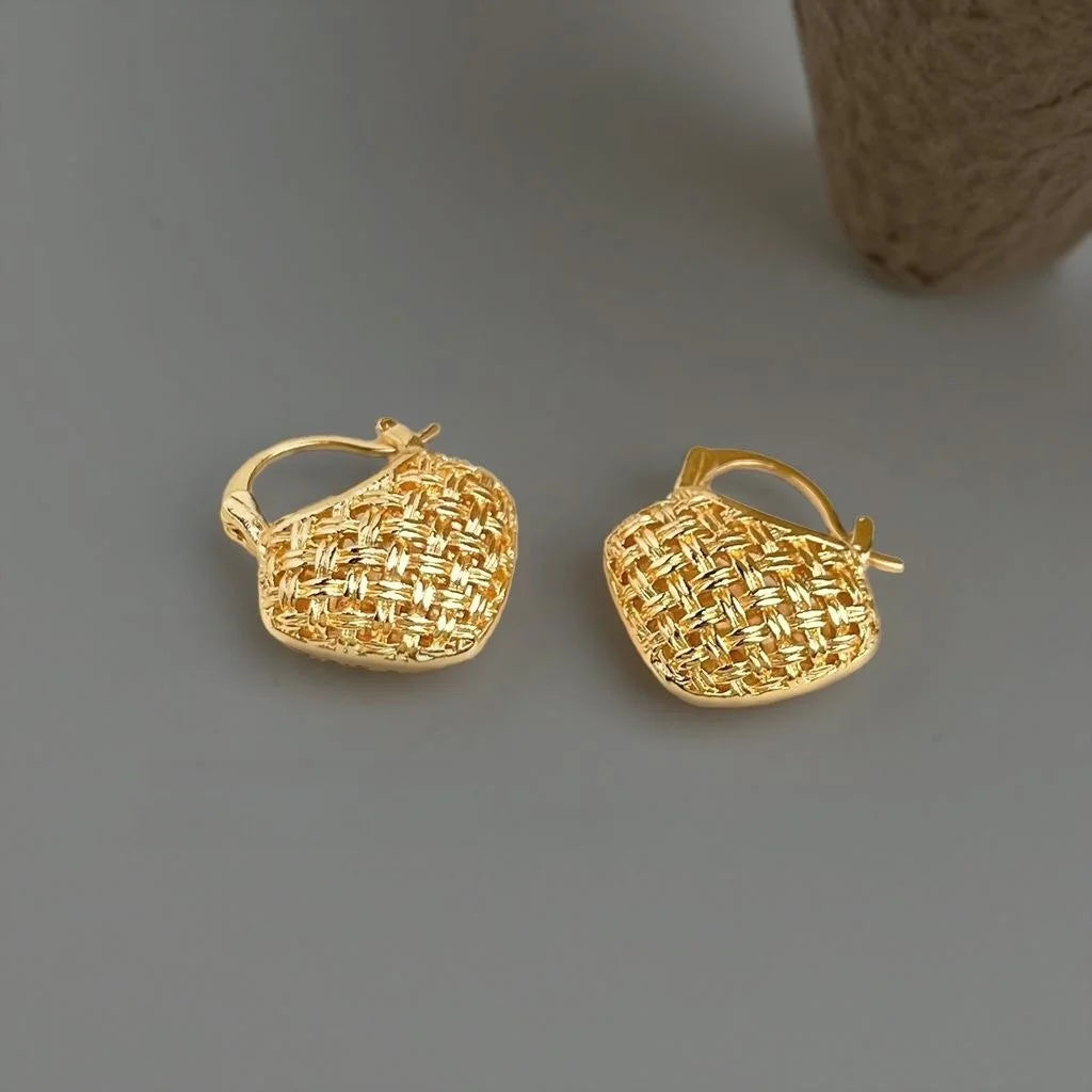 Korean Style 14K Gold Plated Hollow Woven Handbag Geometric Line Copper Stud Earrings