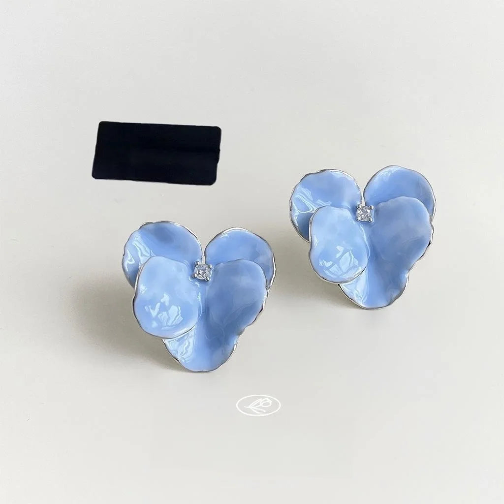 White Gold Plated Copper Baby Blue Iris Flower Drop Earrings Sweet Elegant Floral Jewelry