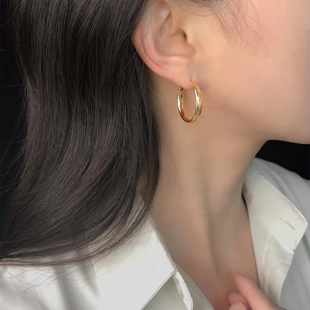 14K Gold Plated Copper Frosted Geometric Hoop Earrings Minimalist Fashion Office Jewelry
