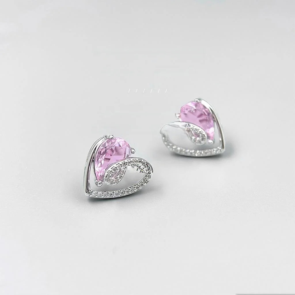 Original Design Copper Micro Pave Zircon Pink Heart Stud Earrings Hollow Line Sweet Everyday Jewelry