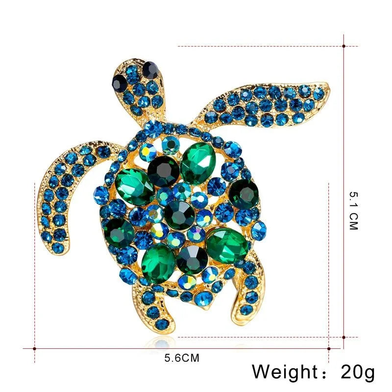 Luxury Sea Turtle Rhinestone Alloy Brooch, Blue Green Crystal Lapel Pin Corsage For Women Suit Gift