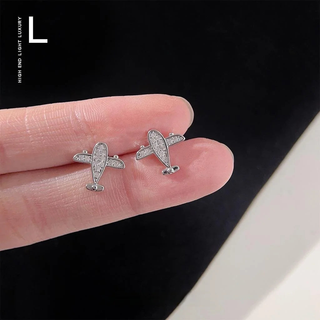 Micro Pave Zircon Mini Airplane Stud Earrings Copper Geometric Quirky Commuter Jewelry