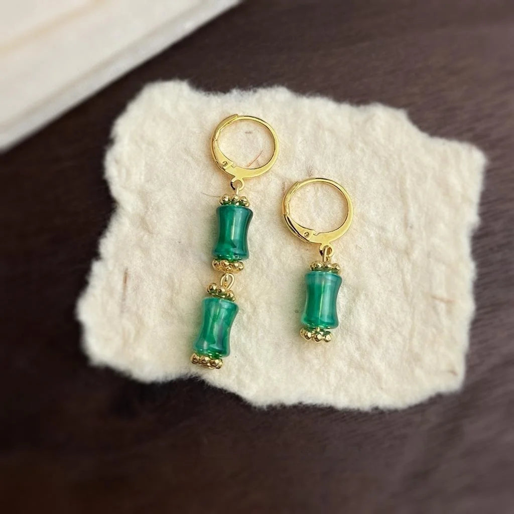 New Chinese Style Green Bamboo Segment Copper Asymmetric Drop Earrings Handmade Geometric Ear Jewelry