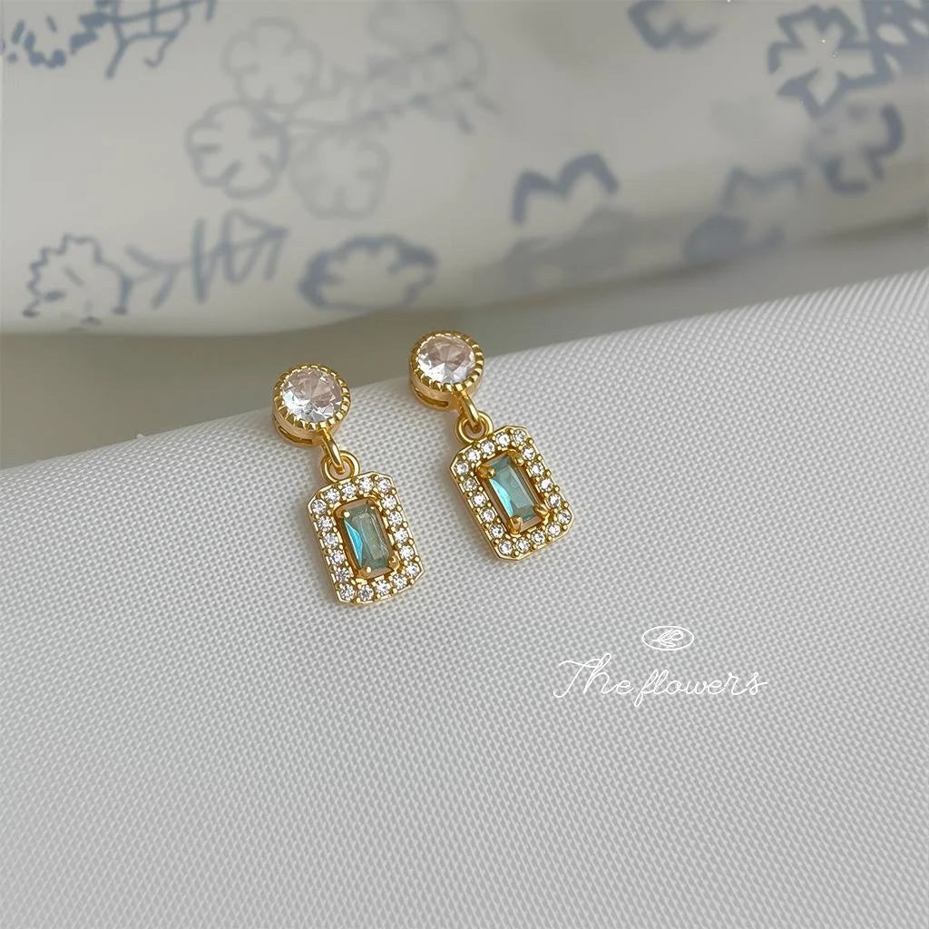 Elegant Aqua Blue Zircon Geometric Mini Copper Stud Earrings For Daily Wear