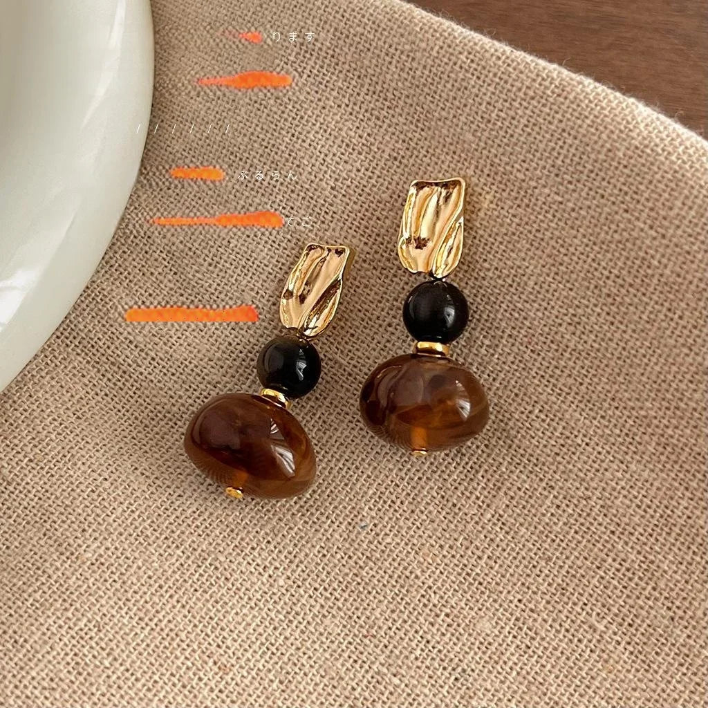 Vintage Maillard Style Obsidian Resin Irregular Geometric Handmade Drop Earrings