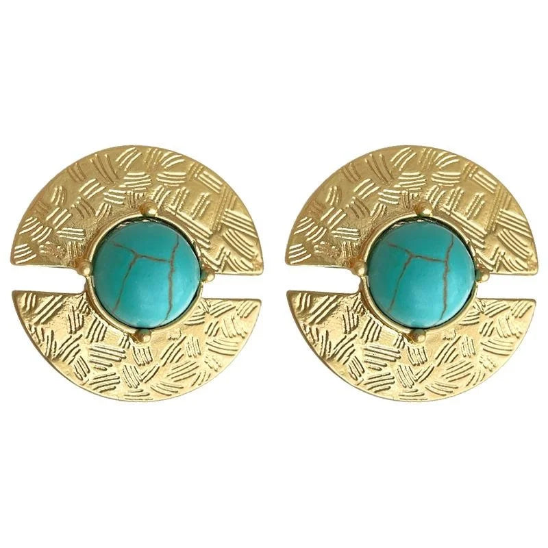 Vintage Copper Synthetic Turquoise Geometric Round Stud Earrings French Court Style