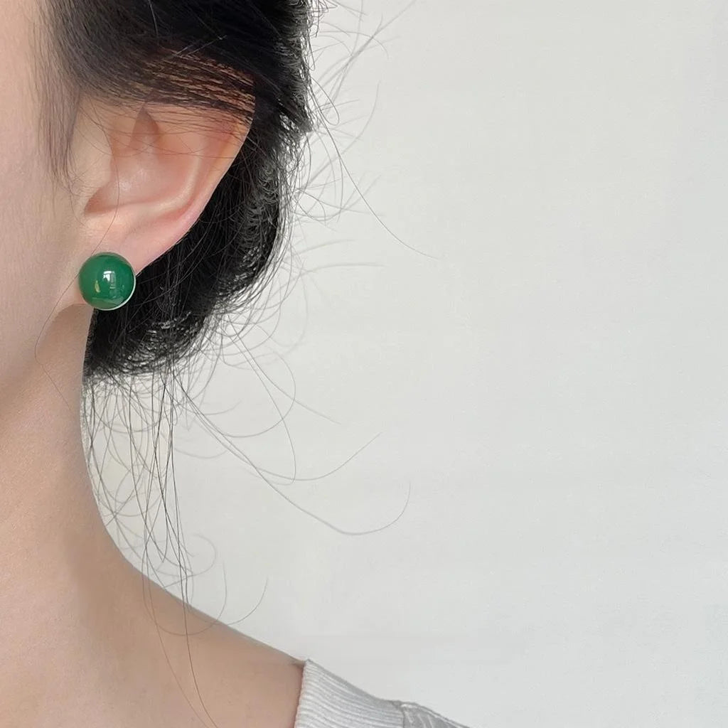 Natural Green Agate Round Ball Stud Earrings New Chinese Vintage Palace Style Jewelry