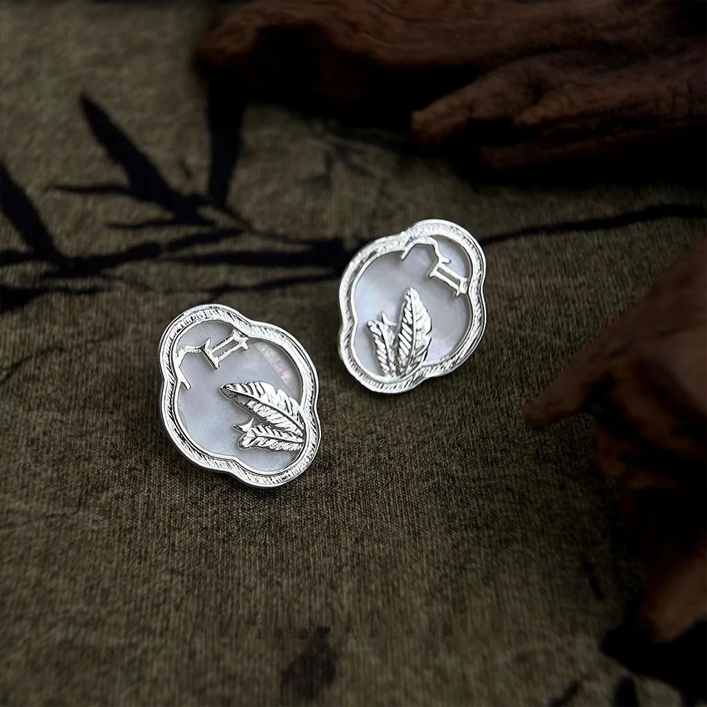 New Chinese Style Shell Leaf Geometric Window Lattice Drop Earrings With Silver Plated Pins