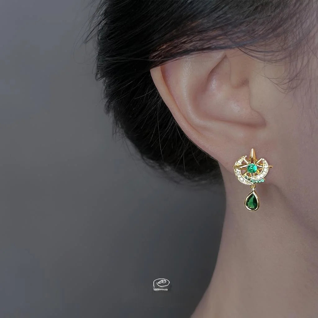 14K Gold Plated Moon Eight Point Star Micro Pave Zircon Copper Drop Earrings