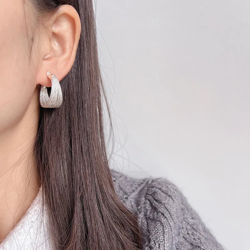 Elegant Silver Alloy Multi Layer Hoop Spiral Rhinestone Stud & Clip On No Piercing Earrings