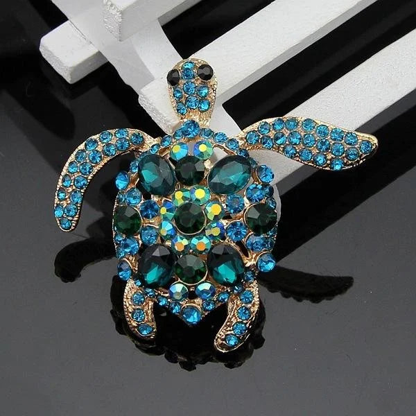 Luxury Sea Turtle Rhinestone Alloy Brooch, Blue Green Crystal Lapel Pin Corsage For Women Suit Gift