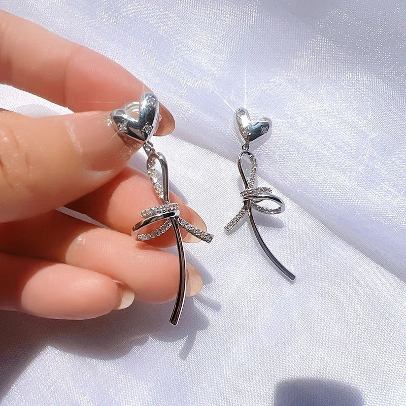 Elegant Luxury Rhinestone Heart Bow Long Drop Stud & Clip On No Piercing Alloy Statement Earrings
