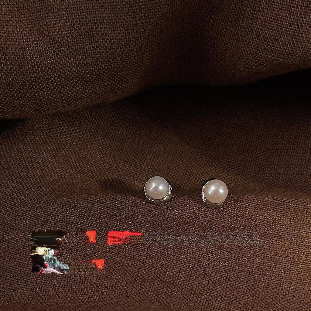 Silver Plated Copper Freshwater Pearl Stud Earrings Minimalist Round Daily Jewelry
