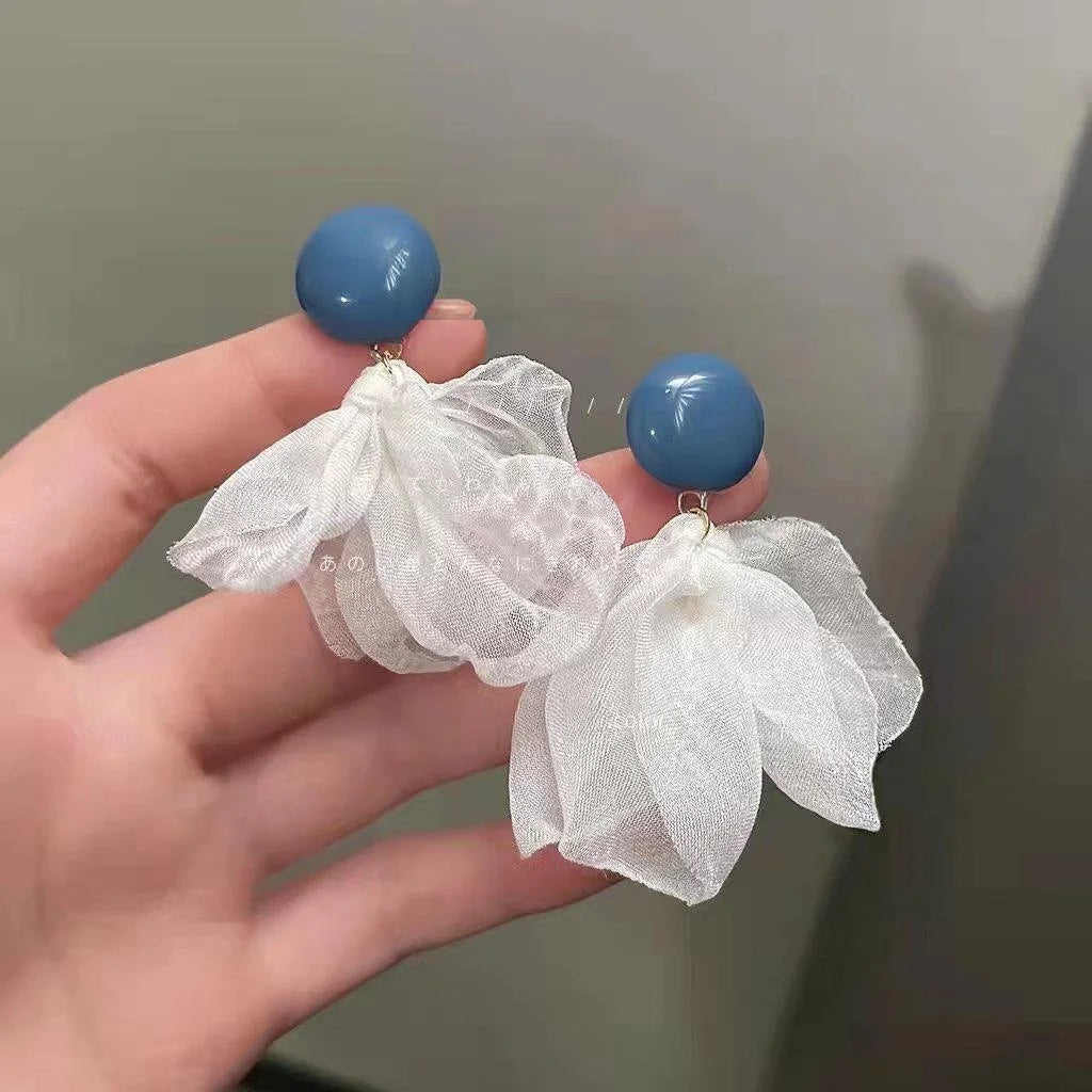 Haze Blue Mesh Flower Stud Earrings Sweet Korean Silver Plated Pin Fairy Style Ear Jewelry