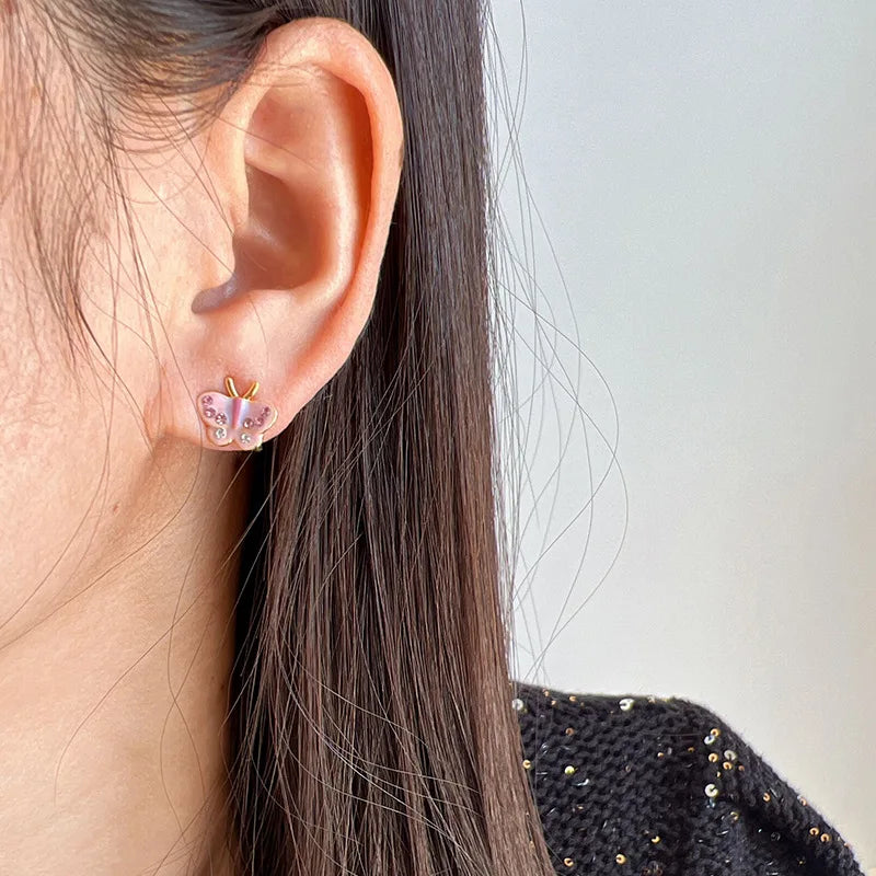 Sweet Pink Enamel Butterfly Rhinestone Spiral Disc Stud & Clip On No Piercing Earrings
