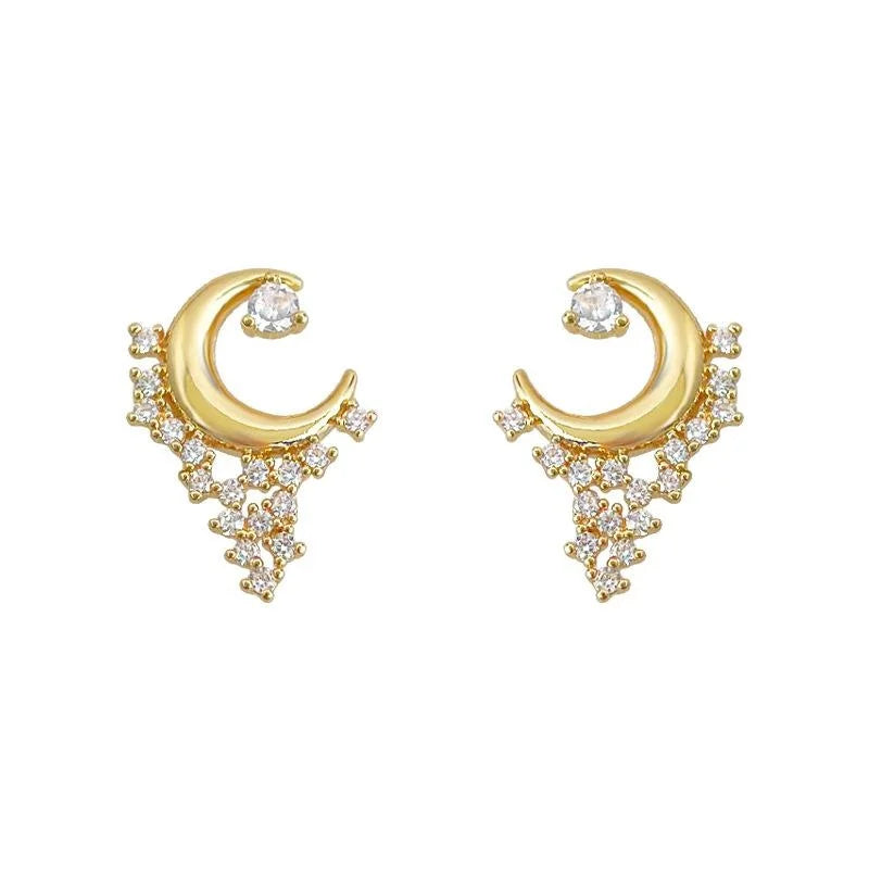 14K Plated Copper Moon Star Micro Pave Zircon Stud Earrings For Women