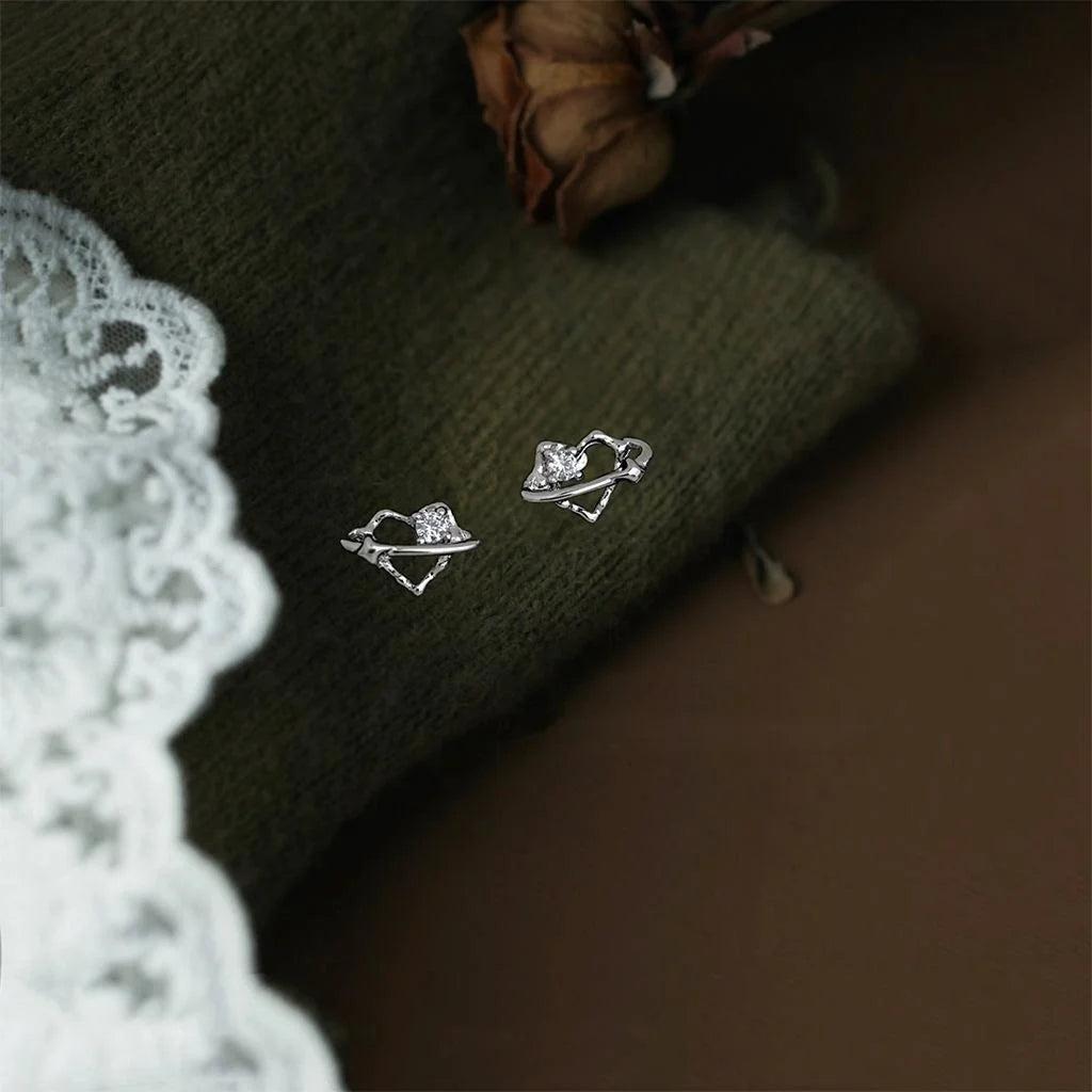 Mini Micro Pave Zircon Silver Plated Copper Hollow Heart Stud Earrings For Women