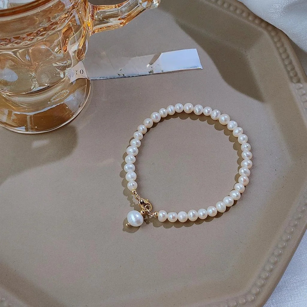 French Vintage Natural Freshwater Pearl 14K Gold Plated Geometric Bracelet For Women