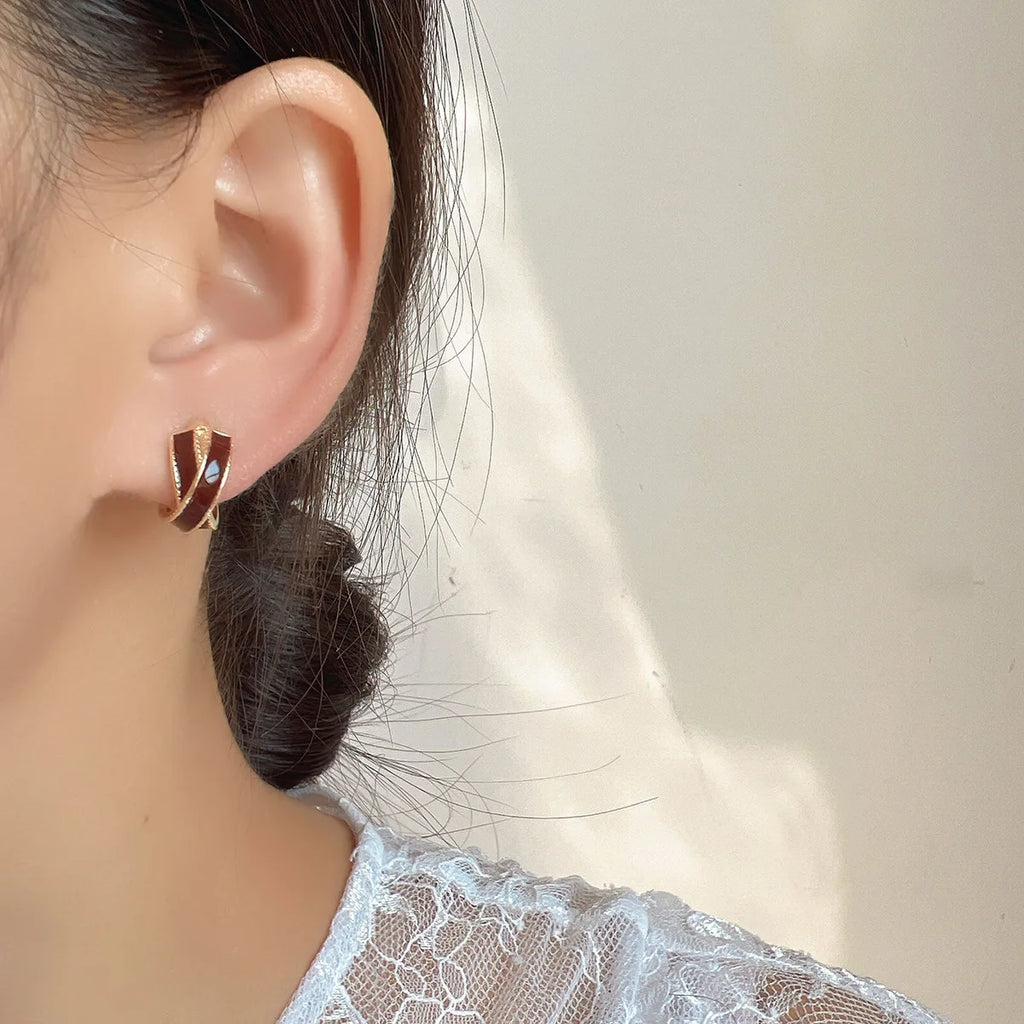 Vintage Luxury Red Enamel Cross Hoop Spiral Alloy Stud & Clip On No Piercing Statement Earrings