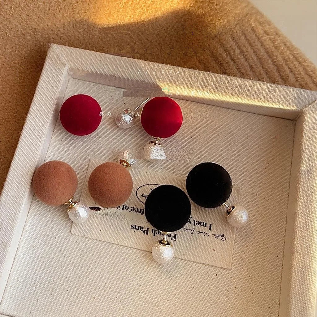 Flocked Round Geometric Pearl Stud Earrings Copper Fashion OL Jewelry