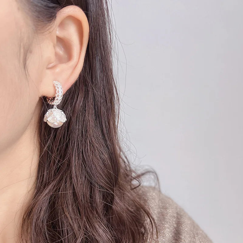 Elegant French Lace Filigree Spiral Circle Pink Pearl Rhinestone Stud & Clip On No Piercing Earrings
