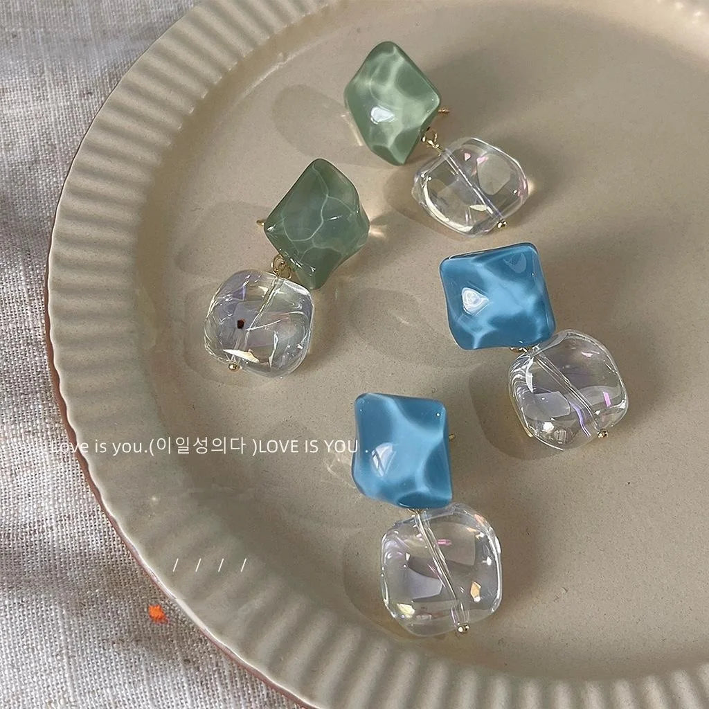 Ice Blue Ocean Glass Glazed Square Geometric Stud Earrings Minimalist Fashion Jewelry