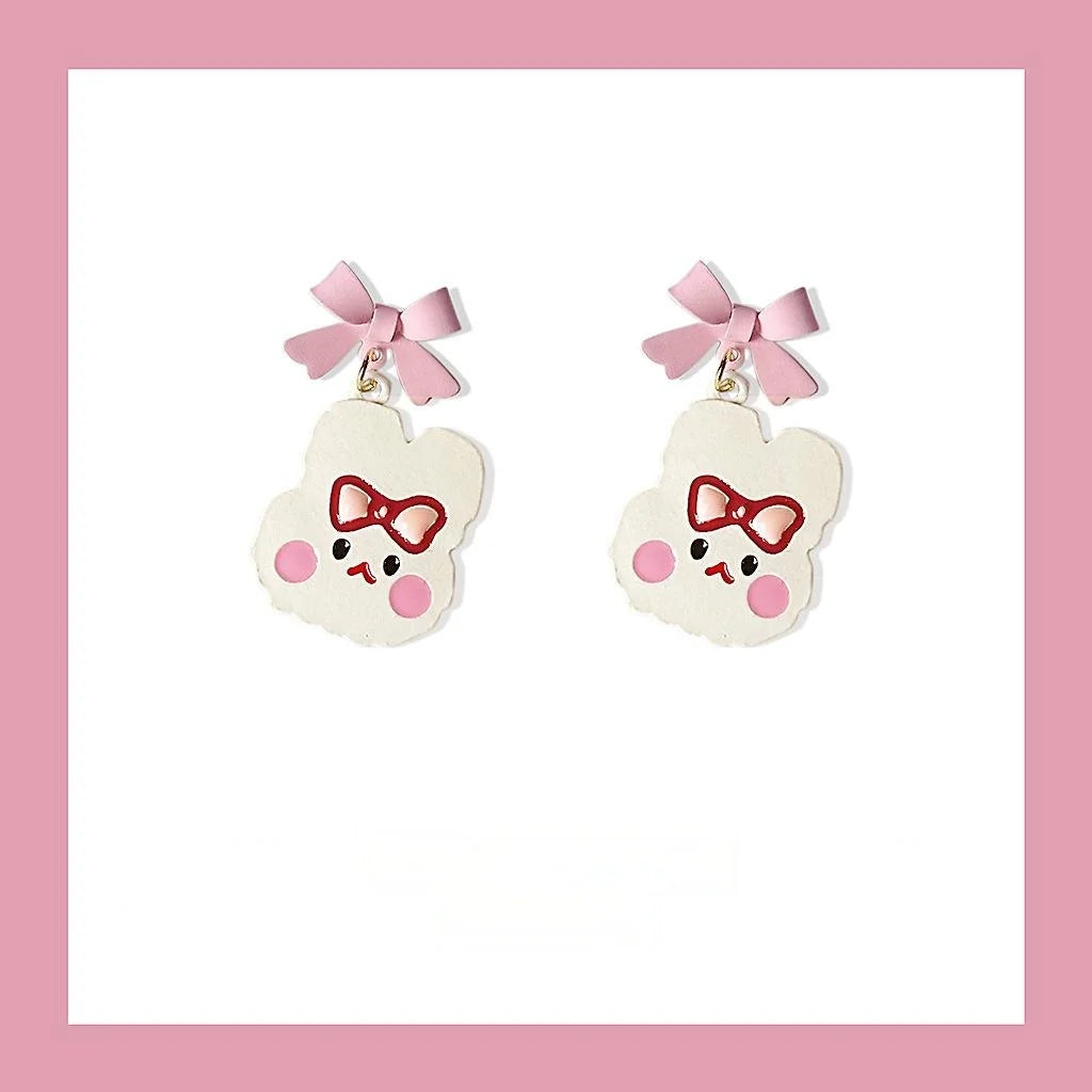 Cute Enamel Bunny Bow Stud Earrings Silver Plated Pin Alloy Sweet Fashion Ear Jewelry