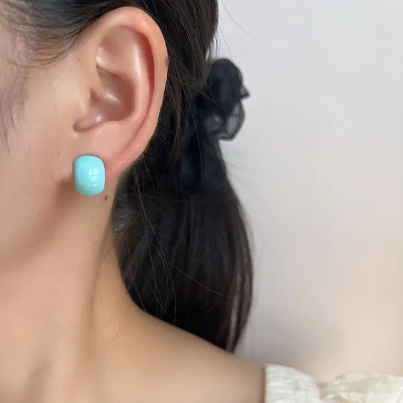 Elegant Blue Enamel Bean Shape Stud & Clip On No Piercing Alloy Earrings