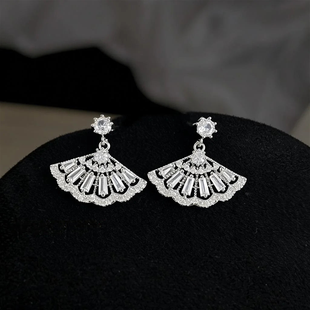 Light Luxury Eco-Friendly Copper Zircon Fan Geometric New Chinese Style Drop Earrings