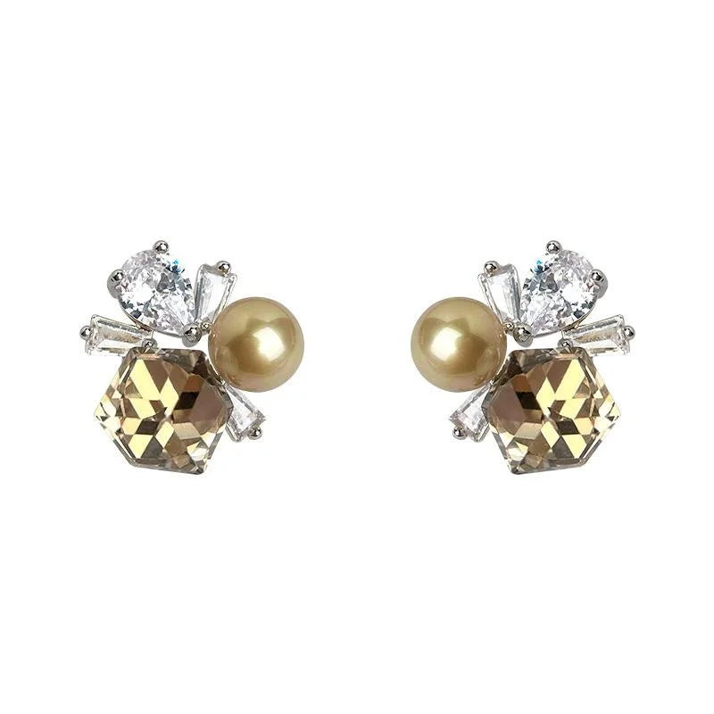 Elegant Vintage Coffee Glass Crystal Zircon Pave Copper Stud Earrings