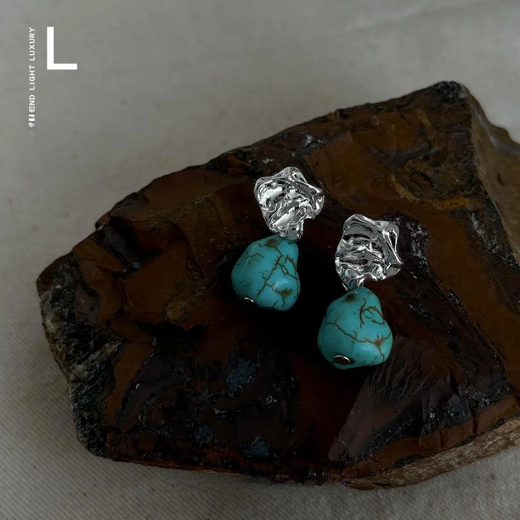 Vintage Palace Style Copper Faux Turquoise Irregular Geometric Drop Earrings For Women