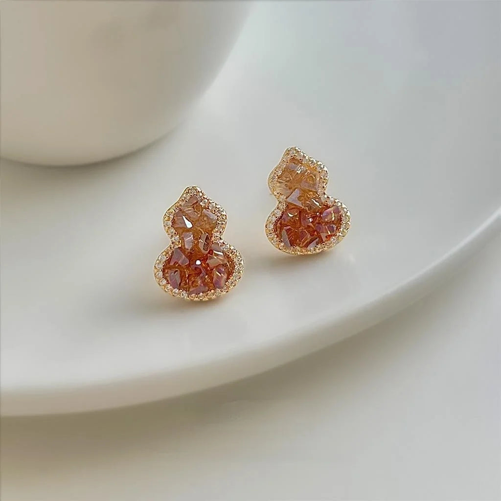 Orange Gradient Champagne Crystal Gourd Stud Earrings With Zircon Micro Pave