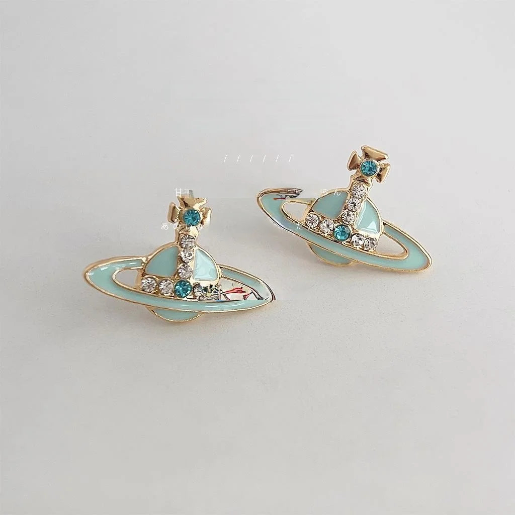 Mint Green Saturn Planet Stud Earrings Copper Drip Glaze Rhinestone Sweet Cool Jewelry