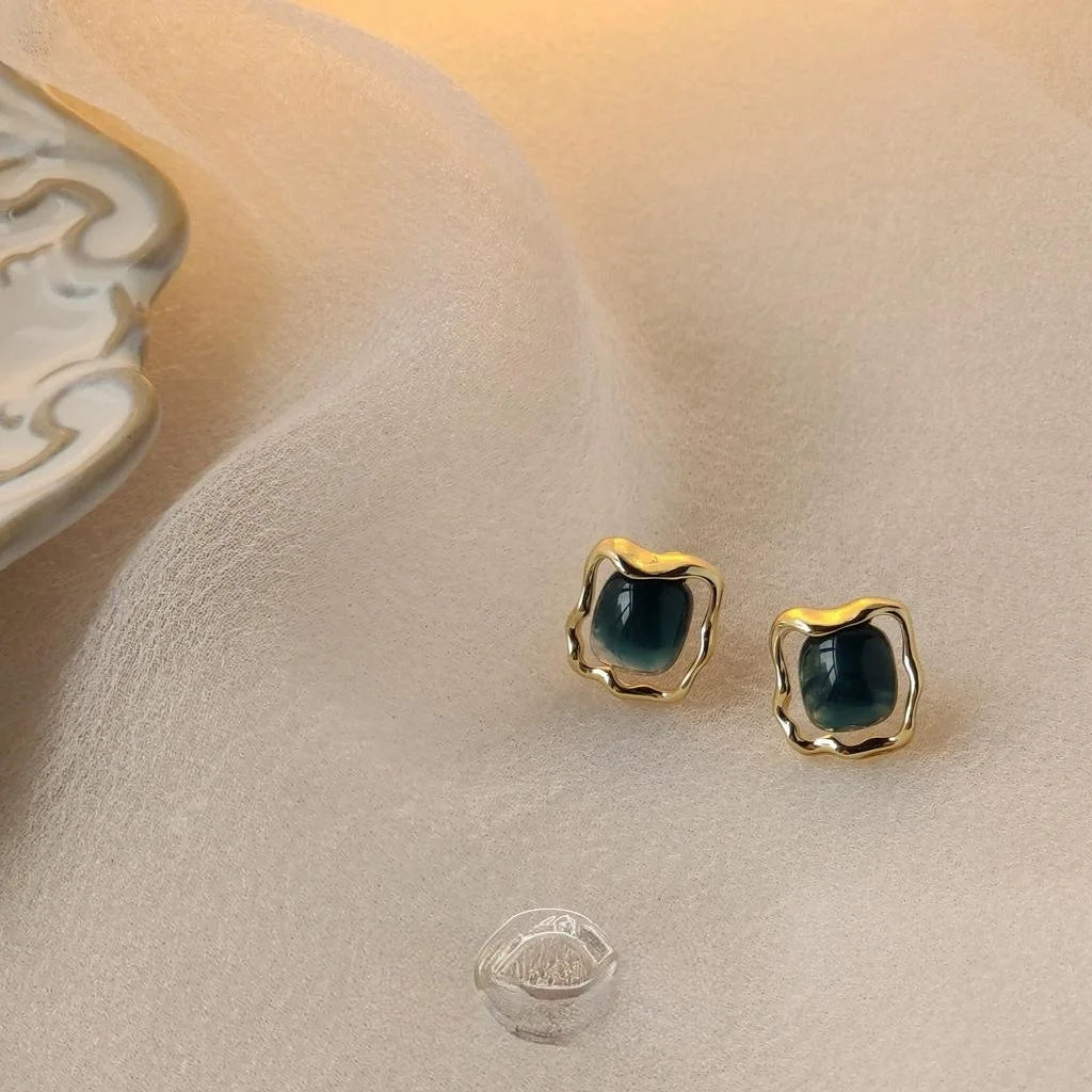 Haze Blue Vintage Square Alloy Resin 14K Plated Hollow Geometric Stud Earrings