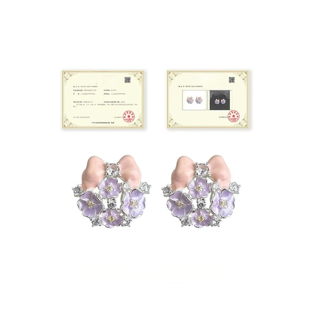Fresh Sweet Enamel Hand Painted Bow Flower Copper Zircon Stud Earrings