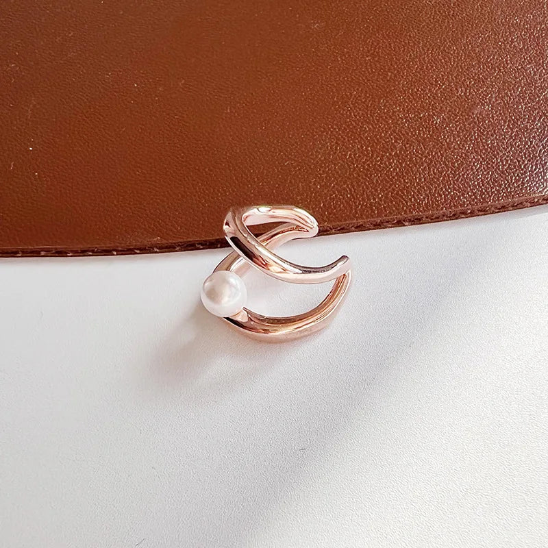 Elegant Pearl Double Hoop Ear Cuff Alloy Metal Lines Stud & Clip On No Piercing Women's Earrings