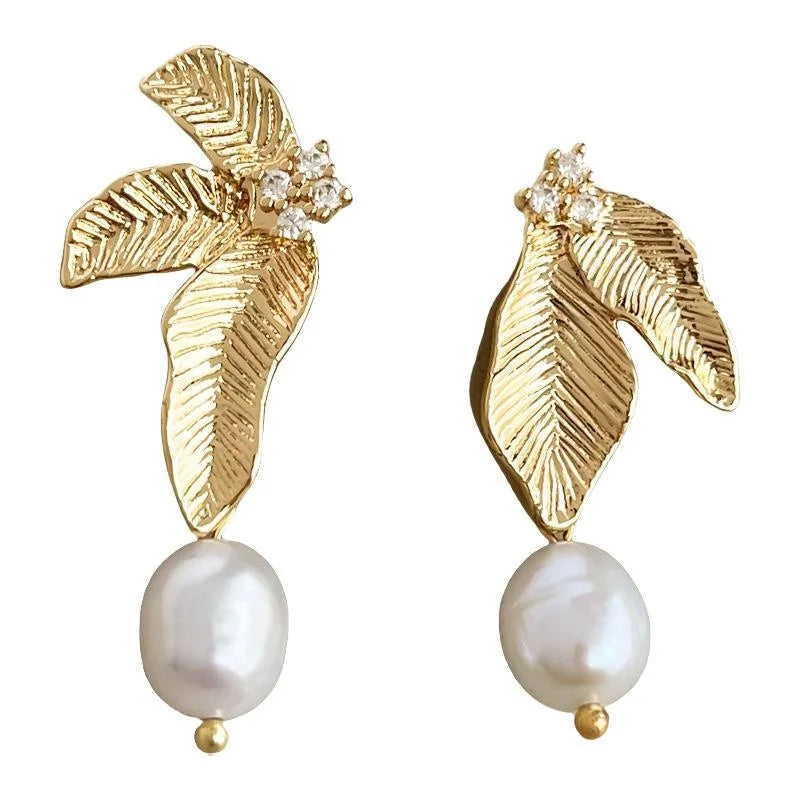Asymmetric Freshwater Pearl Copper Leaf Drop Earrings Handmade Light Luxury Fashion Jewelry
