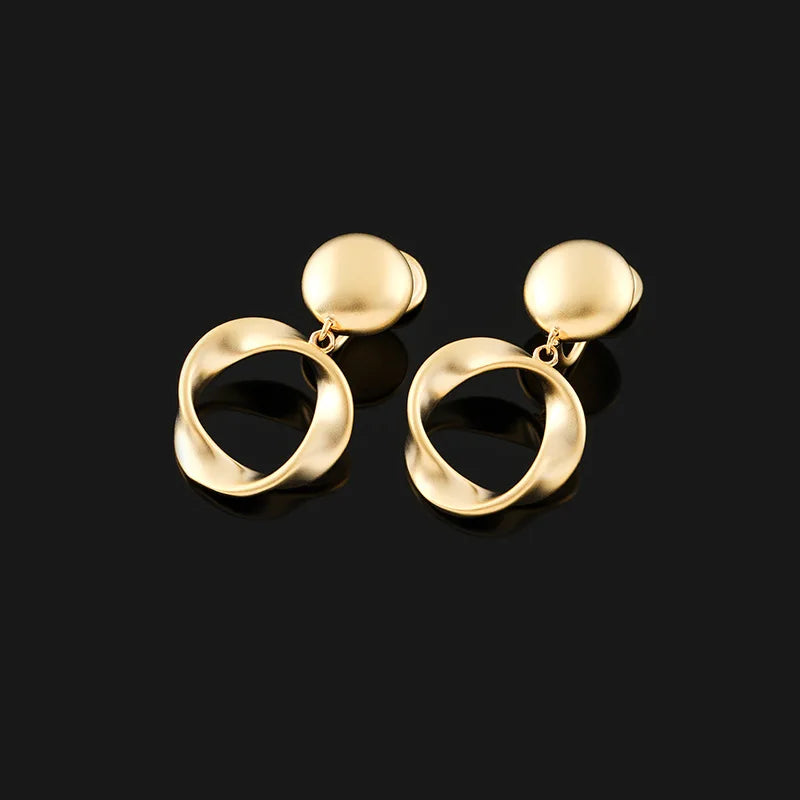 Elegant Matte Gold Alloy Twisted Circle Hoop Drop Stud & Clip On No Piercing Geometric Earrings