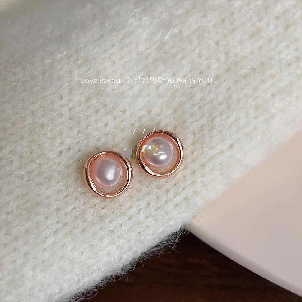 Mini Rose Gold Plated Copper Geometric Round Pearl Stud Earrings Minimalist Office Jewelry