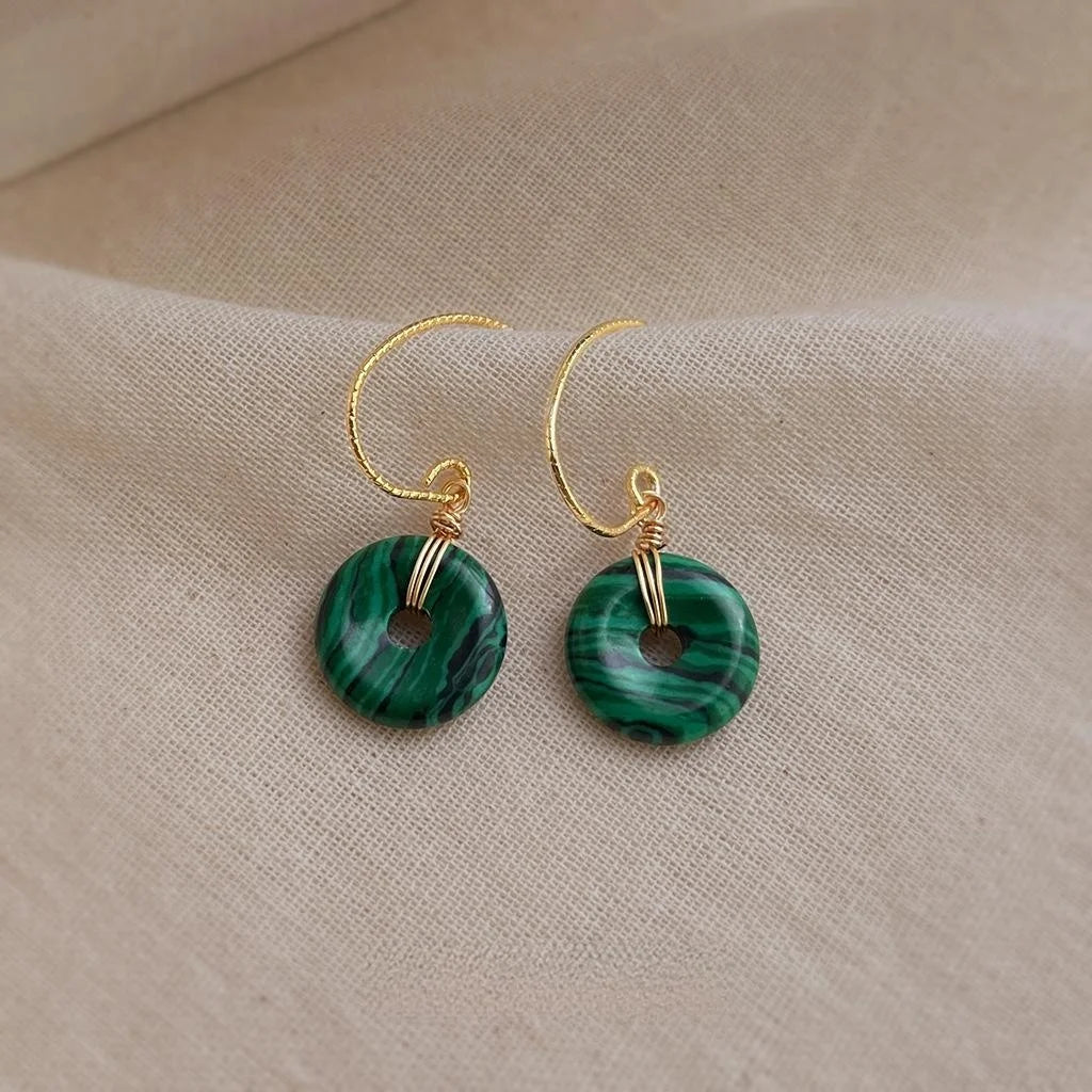 Vintage Ethnic Geometric Peace Buckle Synthetic Malachite Copper Drop Earrings