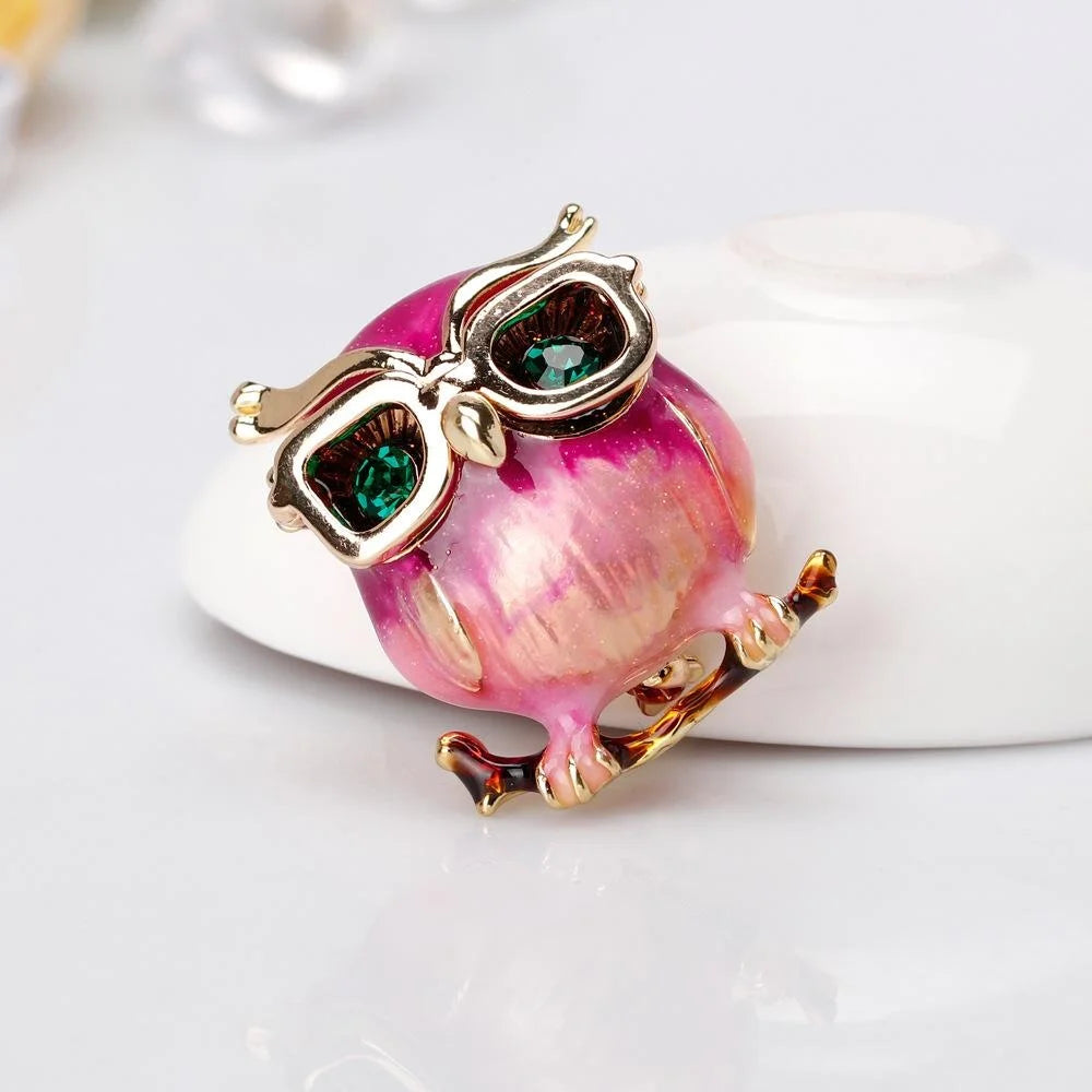Cute Enamel Owl Brooch With Green Rhinestone Eyes, Gold Alloy Lapel Pin Corsage Suit Accessory Gift