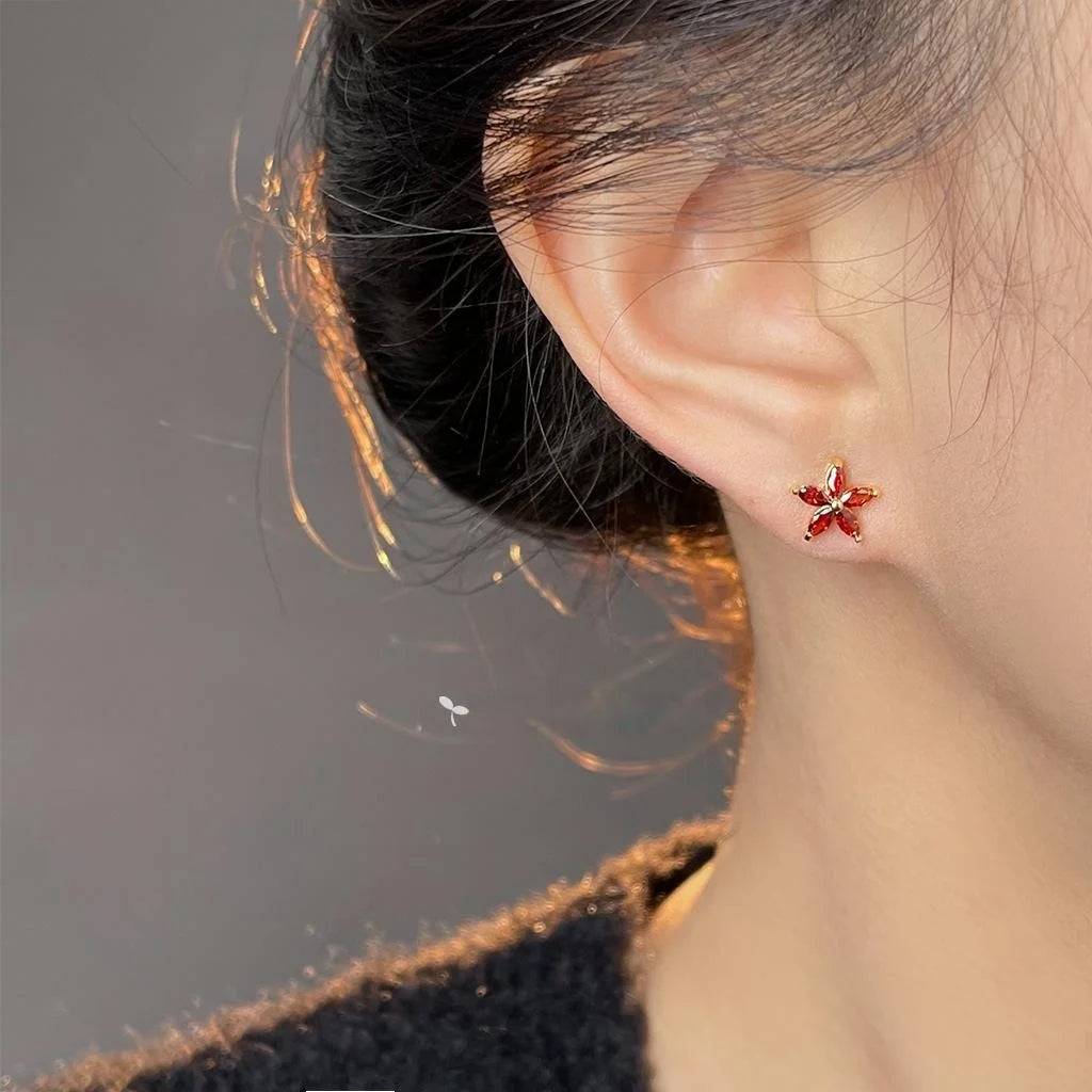 Minimalist Red Zircon Flower Star Stud Earrings Copper Fashion Jewelry