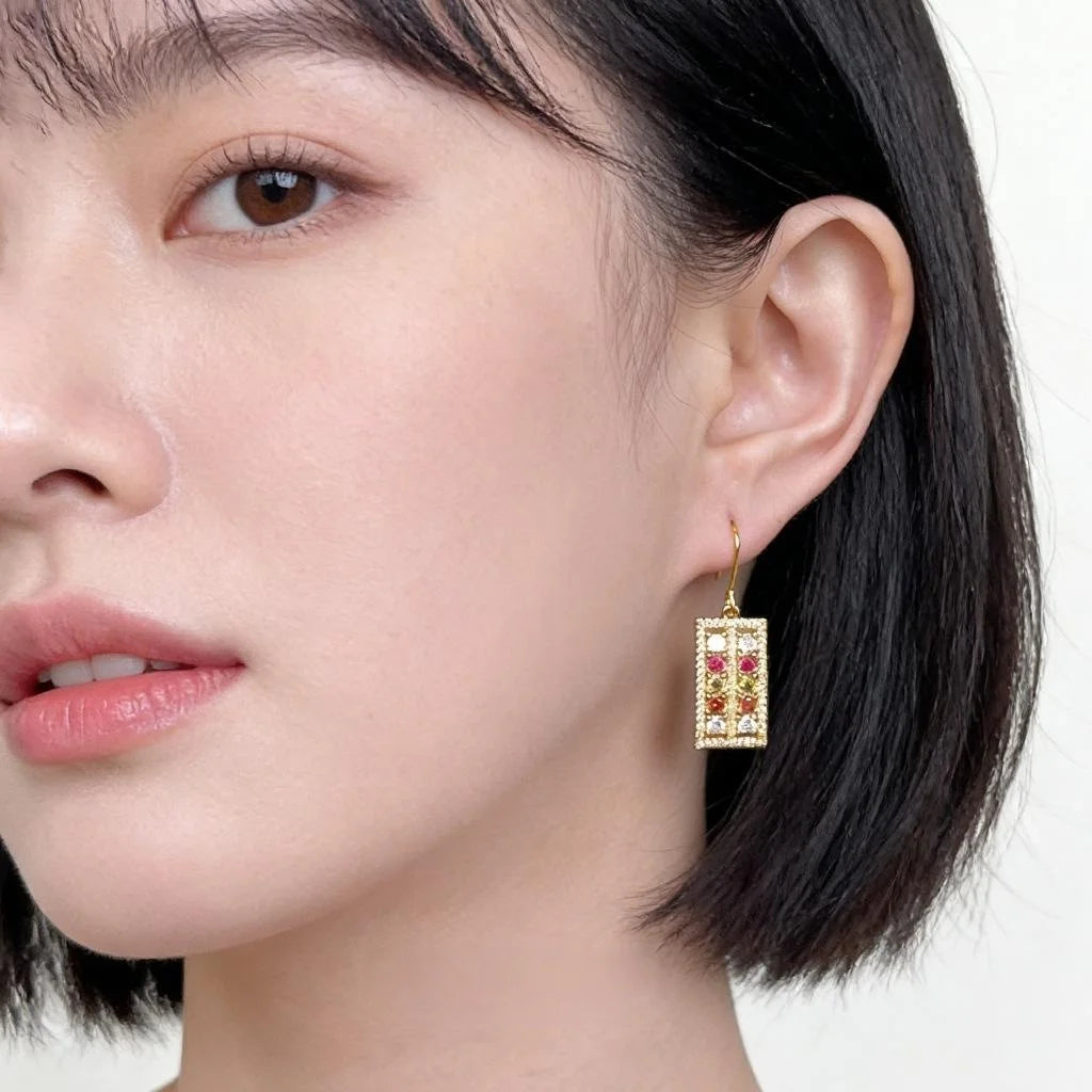 Light Luxury Geometric Micro Pave Zircon Color Stone Copper Drop Earrings for Women