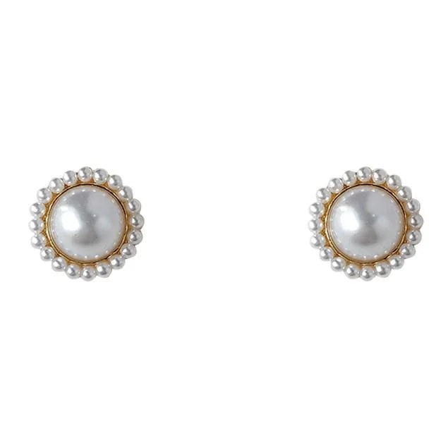 French Vintage Copper Large Pearl Stud Earrings Audrey Hepburn Style Round Geometric Jewelry